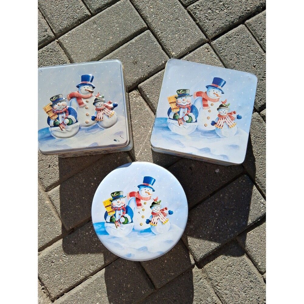 147 3 Pc Christmas Tins Snowman + Family Collectors Vintage